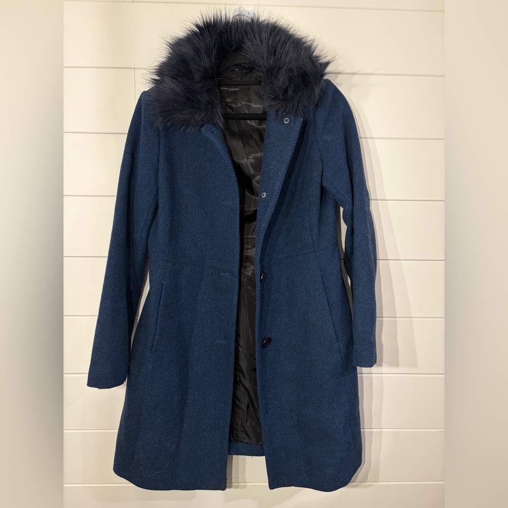Banana Republic Dark Blue Trench Coat with detachable Faux Fur Collar